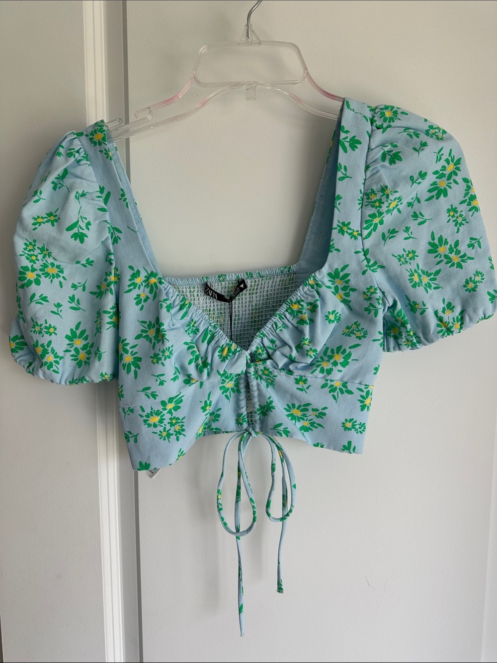 Zara Light Blue Floral Puff Sleeve Crop Top
